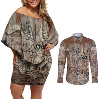 Choice Bro Graffiti Handshake Couples Matching Off Shoulder Short Dress and Long Sleeve Button Shirt New Zealand Slang Fern Brick Wall and Urban Street Art