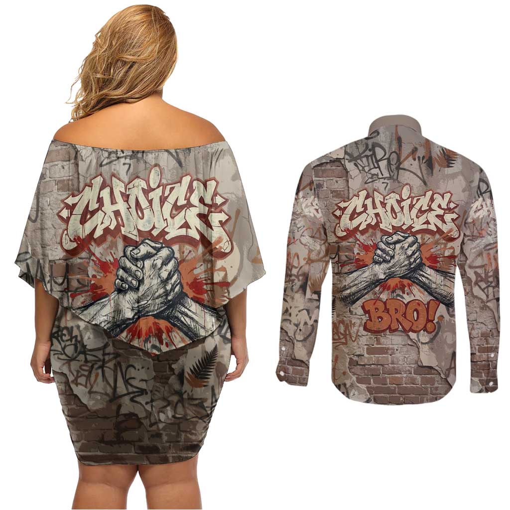 Choice Bro Graffiti Handshake Couples Matching Off Shoulder Short Dress and Long Sleeve Button Shirt New Zealand Slang Fern Brick Wall and Urban Street Art