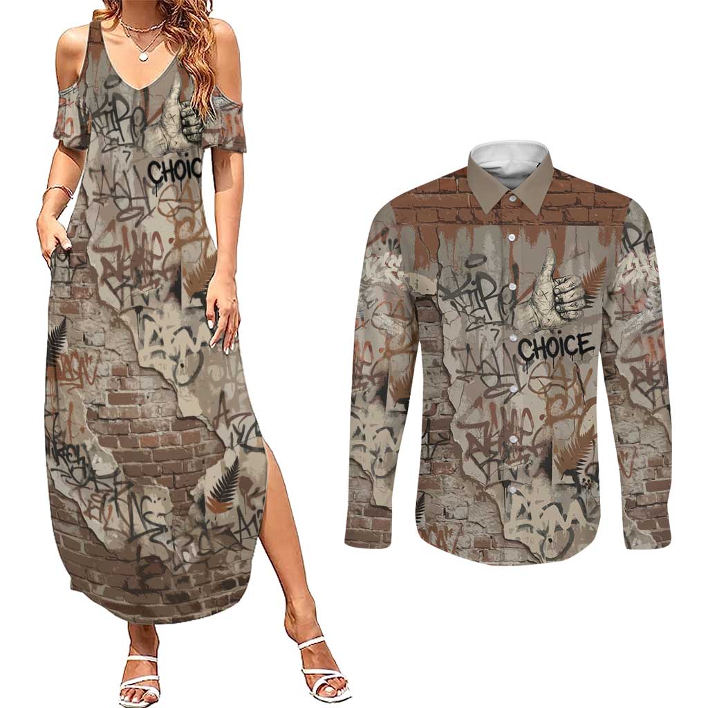 Choice Bro Graffiti Handshake Couples Matching Summer Maxi Dress and Long Sleeve Button Shirt New Zealand Slang Fern Brick Wall and Urban Street Art