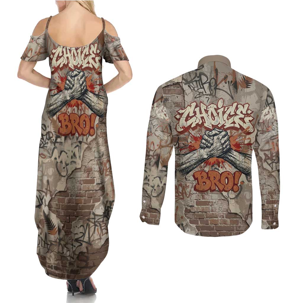 Choice Bro Graffiti Handshake Couples Matching Summer Maxi Dress and Long Sleeve Button Shirt New Zealand Slang Fern Brick Wall and Urban Street Art