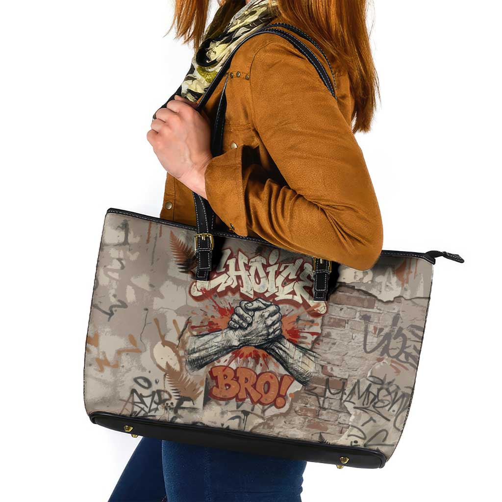 Choice Bro Graffiti Handshake Leather Tote Bag New Zealand Slang Fern Brick Wall and Urban Street Art
