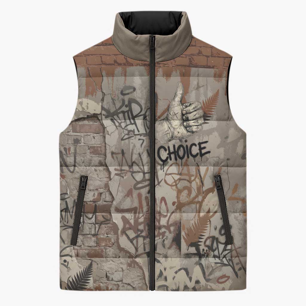 Choice Bro Graffiti Handshake Sleeveless Puffer Jacket New Zealand Slang Fern Brick Wall and Urban Street Art