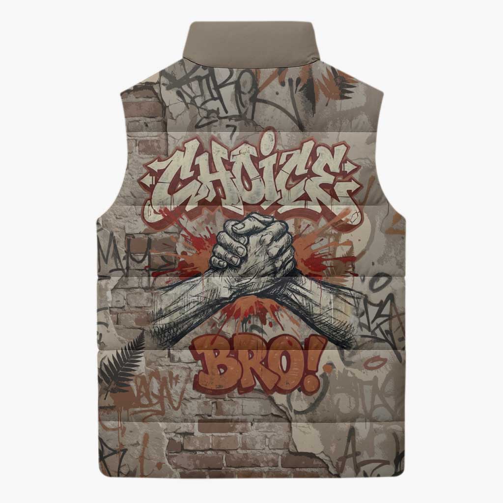 Choice Bro Graffiti Handshake Sleeveless Puffer Jacket New Zealand Slang Fern Brick Wall and Urban Street Art