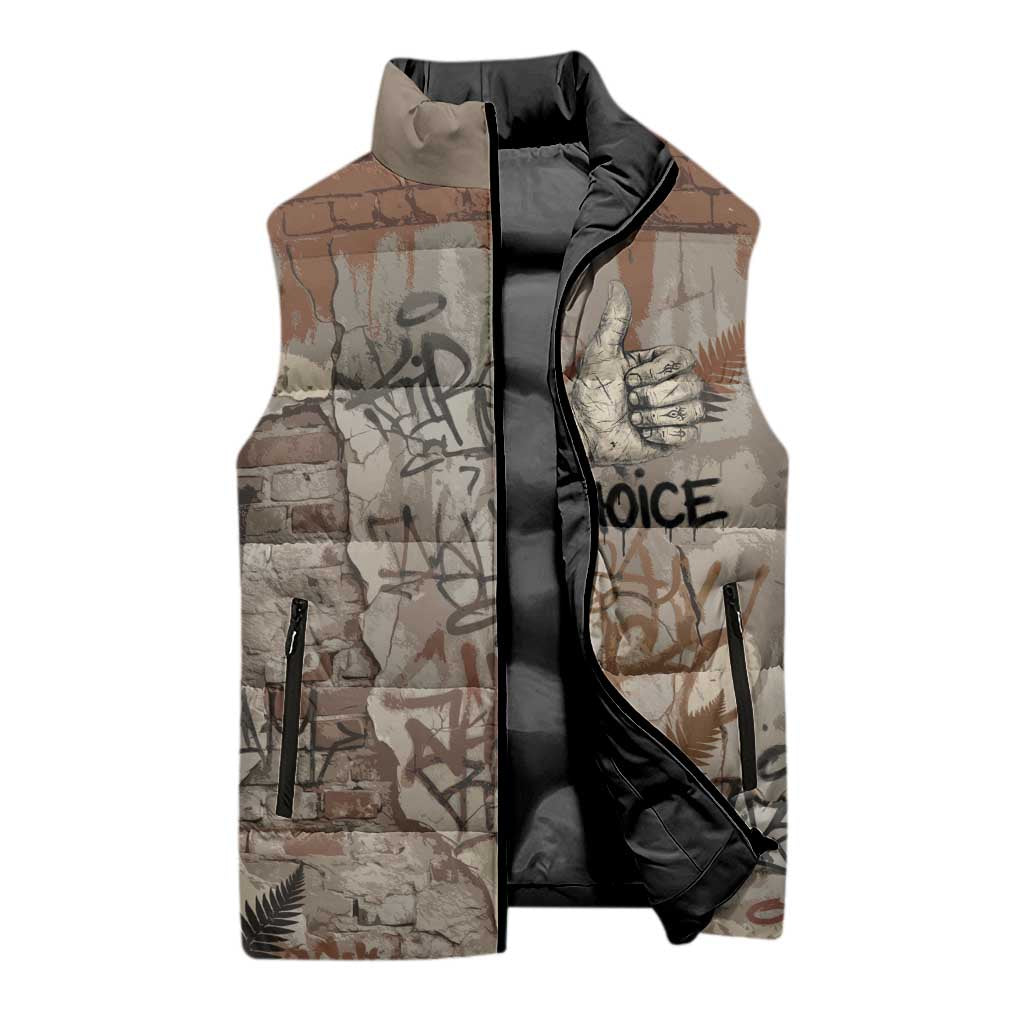 Choice Bro Graffiti Handshake Sleeveless Puffer Jacket New Zealand Slang Fern Brick Wall and Urban Street Art
