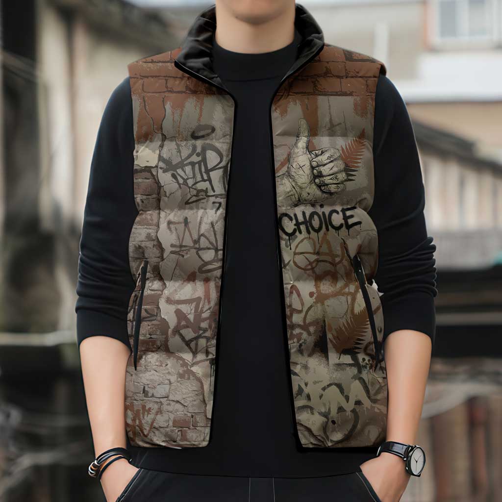 Choice Bro Graffiti Handshake Sleeveless Puffer Jacket New Zealand Slang Fern Brick Wall and Urban Street Art
