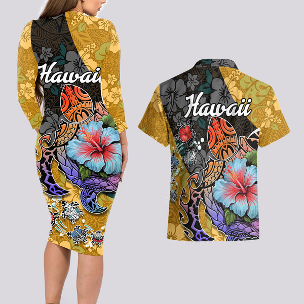 Polynesian Pride Long Sleeve Bodycon Dress Turtle Hibiscus Luxury Style - Beige LT7