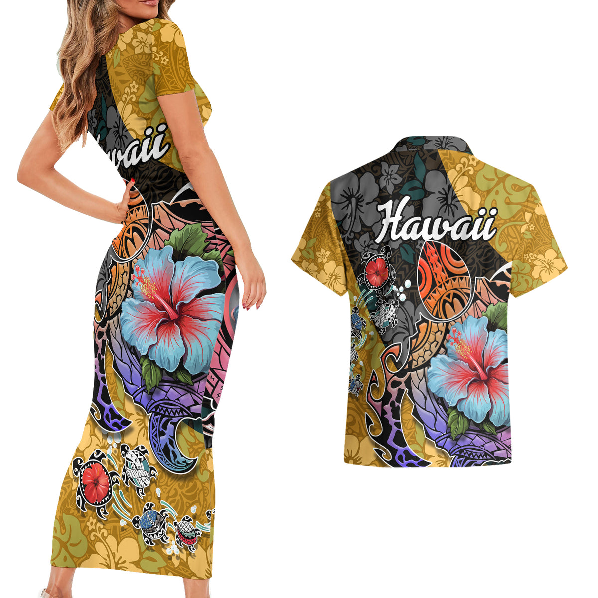 Hawaii Polynesian Couples Matching Short Sleeve Bodycon Dress and Hawaiian Shirt Turtles and Hibiscus Flower Gradient Pattern TS04 - Polynesian Pride