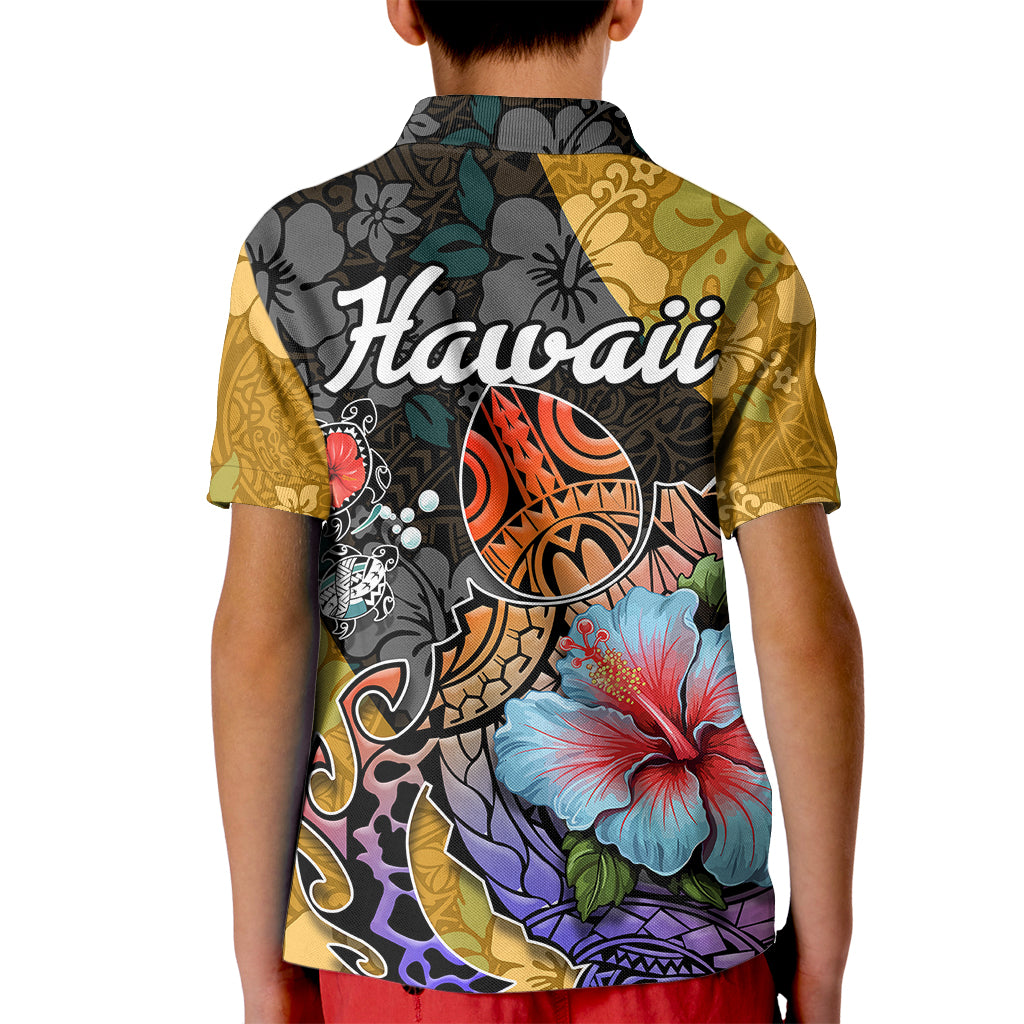 Hawaii Polynesian Kid Polo Shirt Turtles and Hibiscus Flower Gradient Pattern TS04 - Polynesian Pride