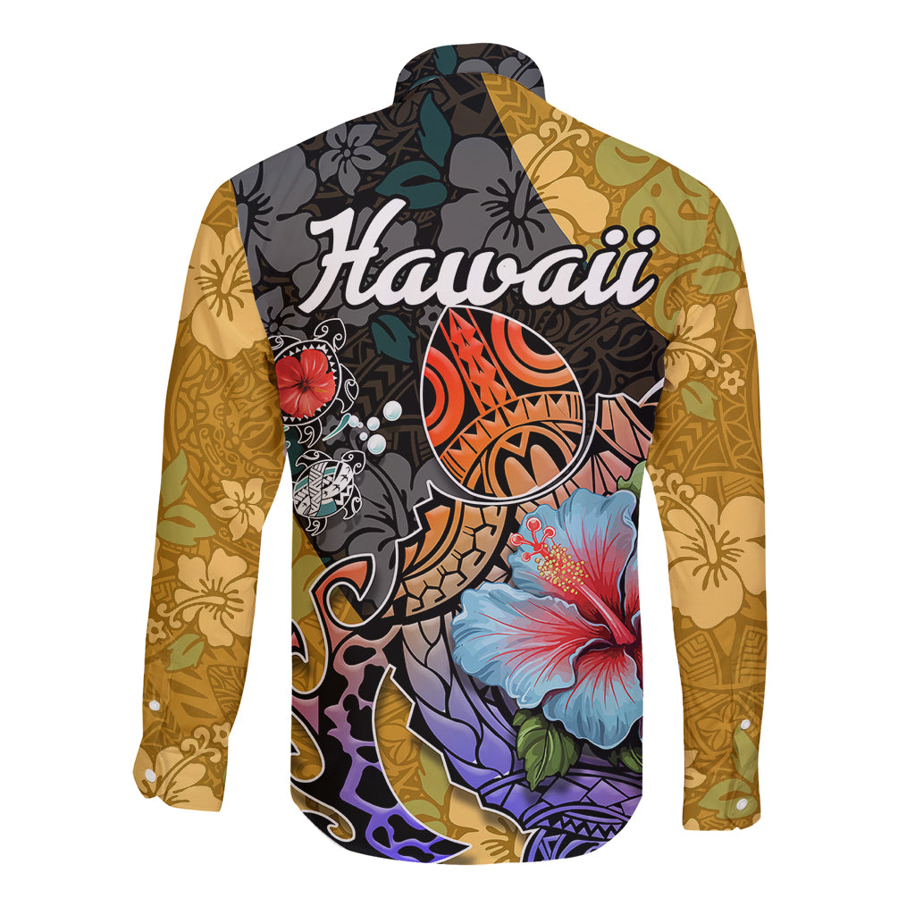 Hawaii Polynesian Long Sleeve Button Shirt Turtles and Hibiscus Flower Gradient Pattern TS04 - Polynesian Pride