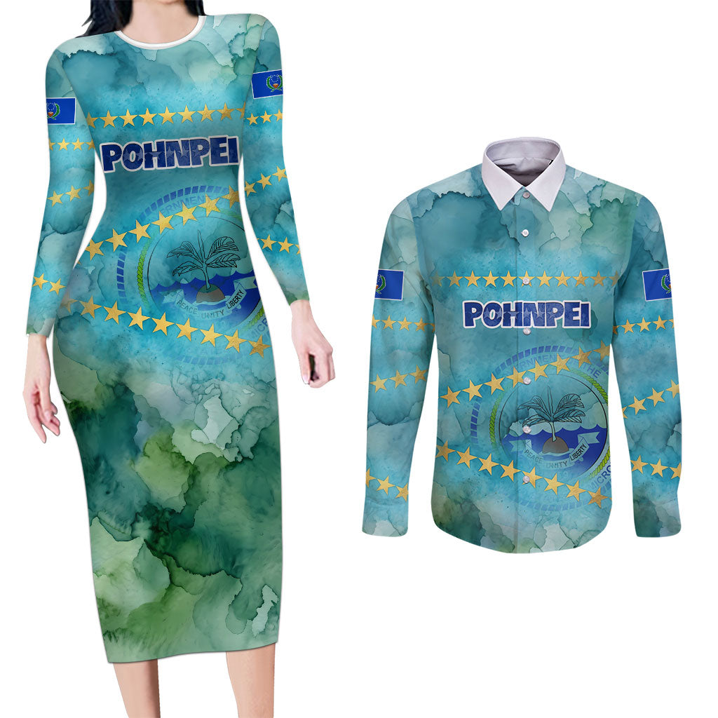 Pohnpei Federated States Of Micronesia Couples Matching Long Sleeve Bodycon Dress and Long Sleeve Button Shirt Watercolor Heritage Graphic Art With State Seal And Tropical Stars TS04 Blue Green - Polynesian Pride