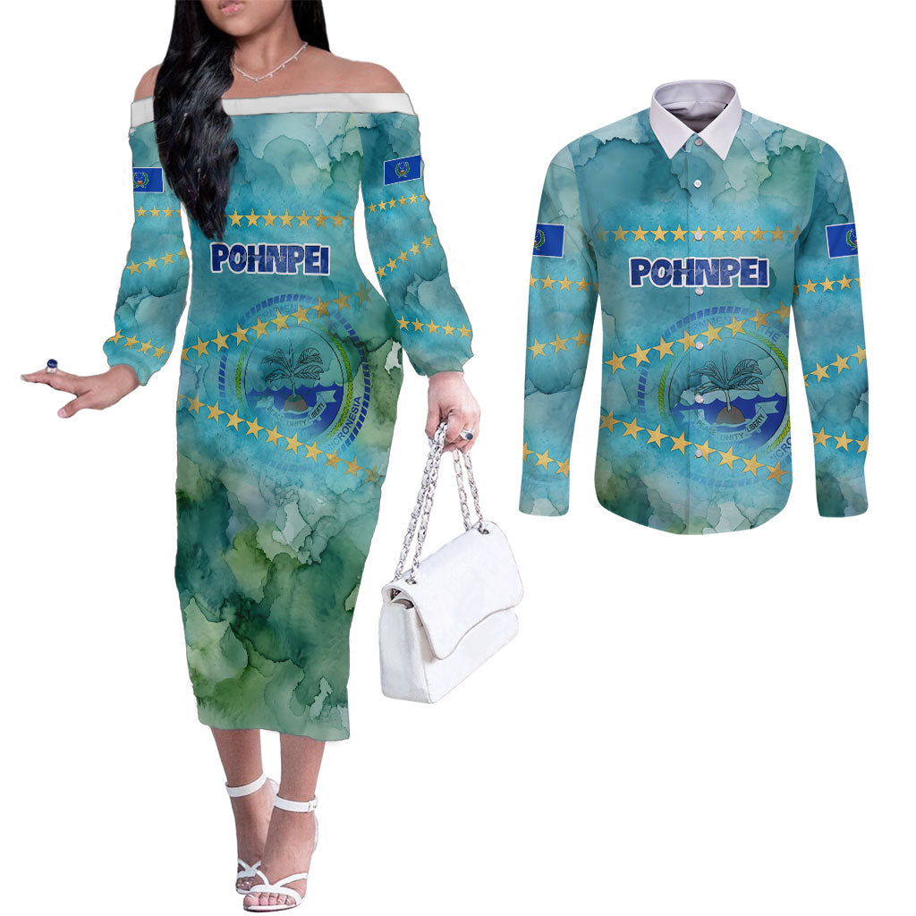 Pohnpei Federated States Of Micronesia Couples Matching Off The Shoulder Long Sleeve Dress and Long Sleeve Button Shirt Watercolor Heritage Graphic Art With State Seal And Tropical Stars TS04 Blue Green - Polynesian Pride
