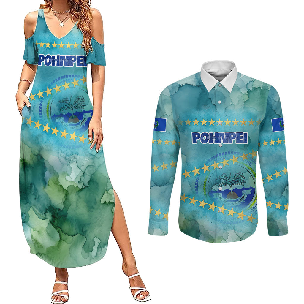 Pohnpei Federated States Of Micronesia Couples Matching Summer Maxi Dress and Long Sleeve Button Shirt Watercolor Heritage Graphic Art With State Seal And Tropical Stars TS04 Blue Green - Polynesian Pride