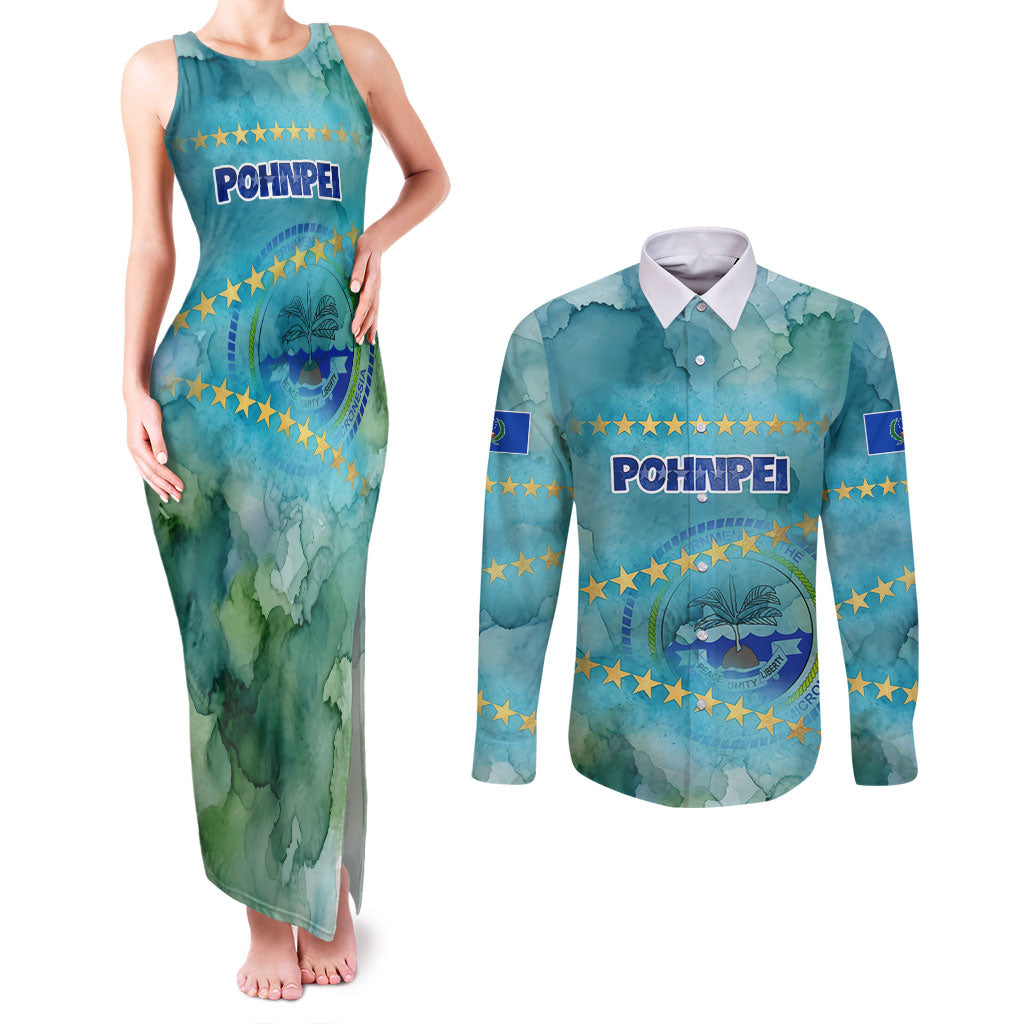 Pohnpei Federated States Of Micronesia Couples Matching Tank Maxi Dress and Long Sleeve Button Shirt Watercolor Heritage Graphic Art With State Seal And Tropical Stars TS04 Blue Green - Polynesian Pride