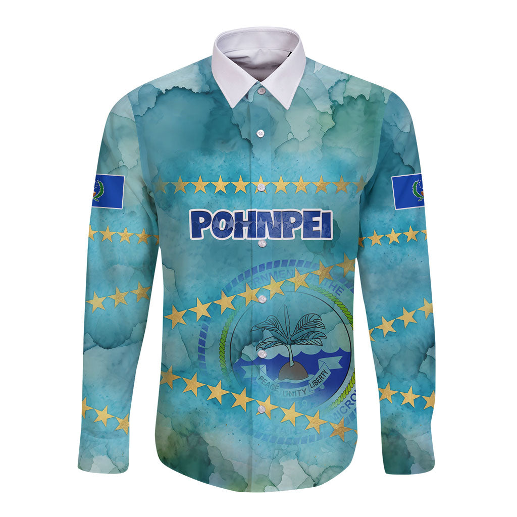 Pohnpei Federated States Of Micronesia Long Sleeve Button Shirt Watercolor Heritage Graphic Art With State Seal And Tropical Stars TS04 Unisex Blue Green - Polynesian Pride