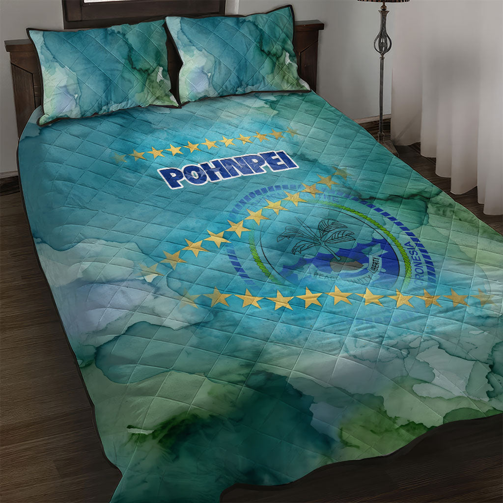 Pohnpei Federated States Of Micronesia Quilt Bed Set Watercolor Heritage Graphic Art With State Seal And Tropical Stars TS04 Blue Green - Polynesian Pride