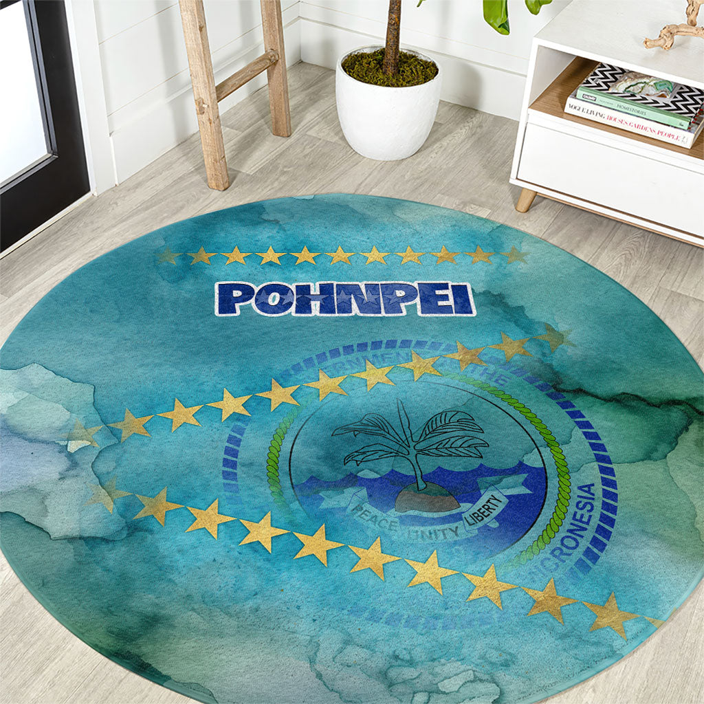 Pohnpei Federated States Of Micronesia Round Carpet Watercolor Heritage Graphic Art With State Seal And Tropical Stars TS04 Blue Green - Polynesian Pride
