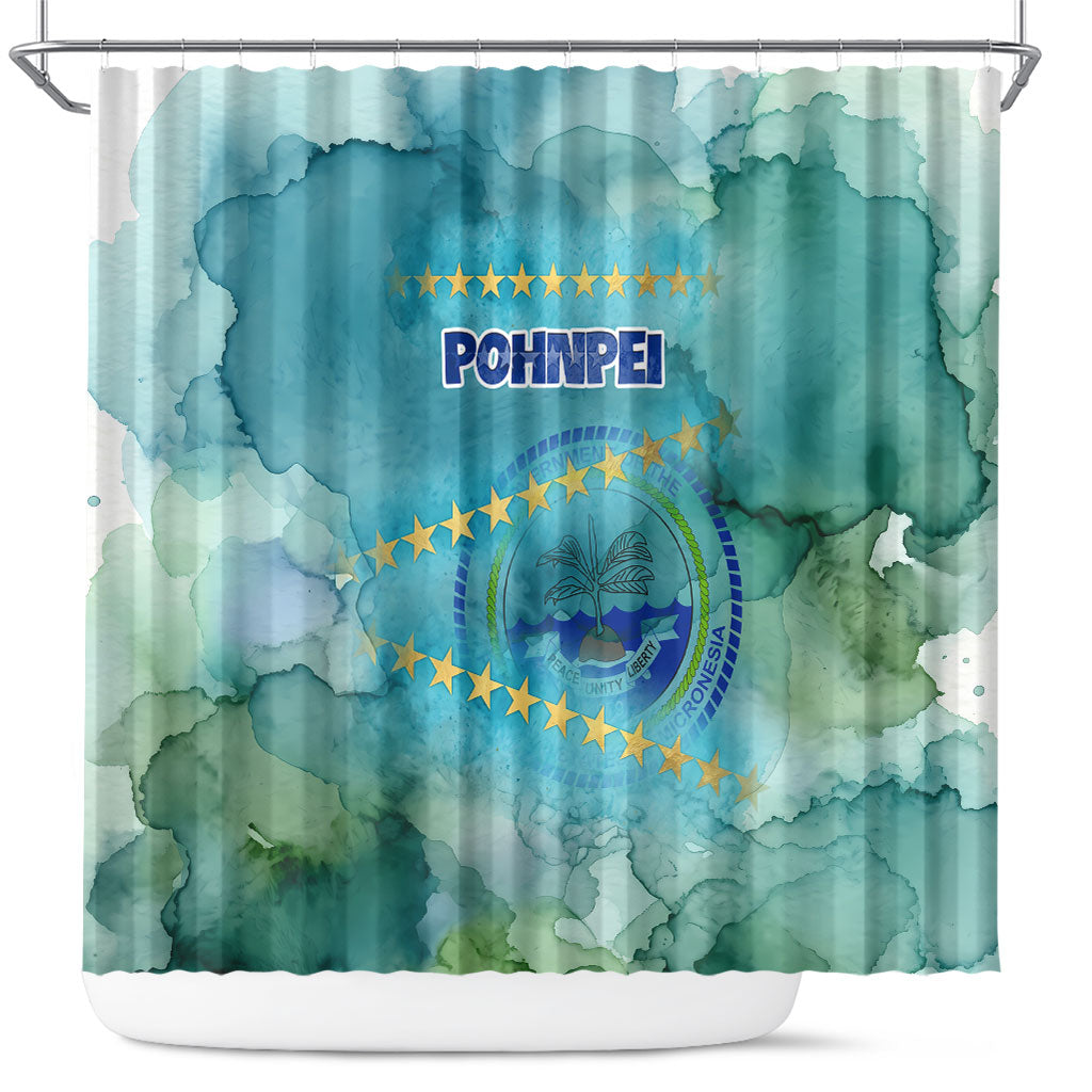 Pohnpei Federated States Of Micronesia Shower Curtain Watercolor Heritage Graphic Art With State Seal And Tropical Stars TS04 Blue Green - Polynesian Pride