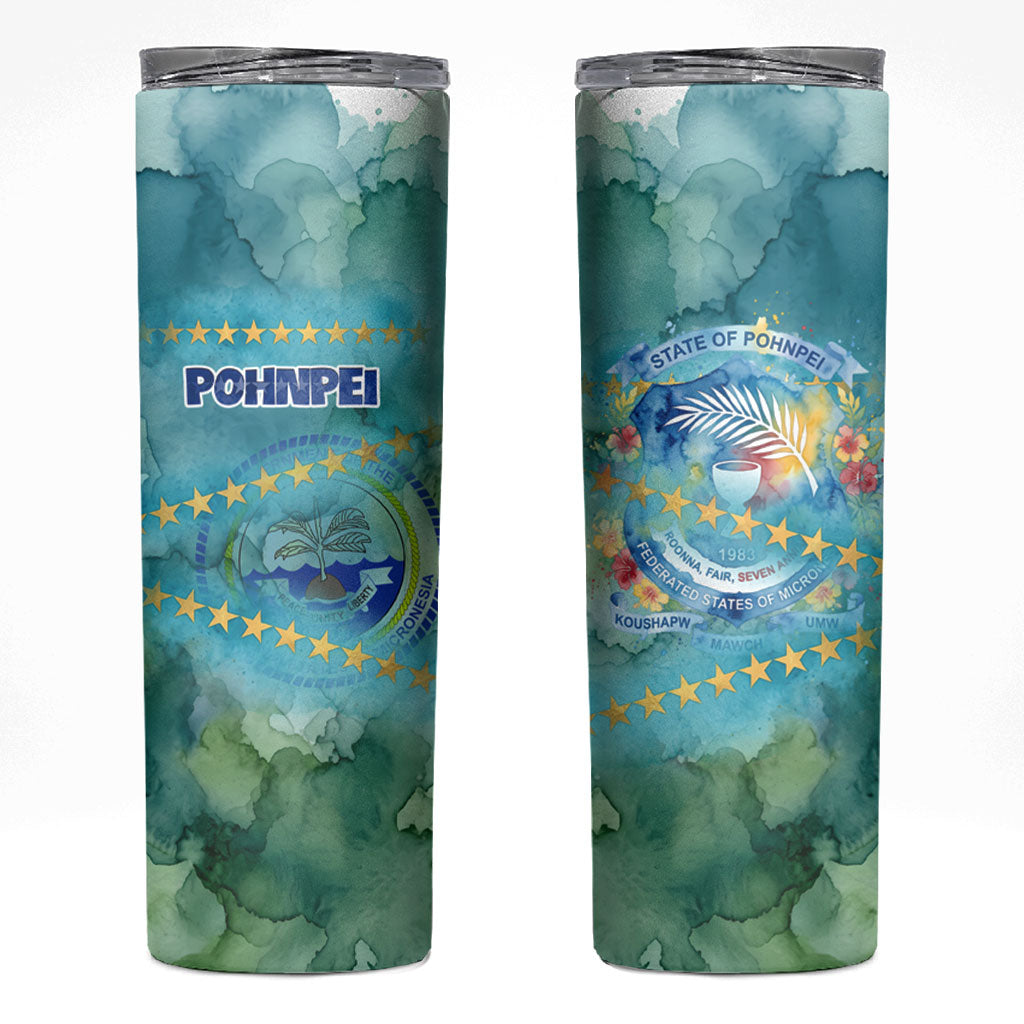Pohnpei Federated States Of Micronesia Skinny Tumbler Watercolor Heritage Graphic Art With State Seal And Tropical Stars TS04 Blue Green - Polynesian Pride
