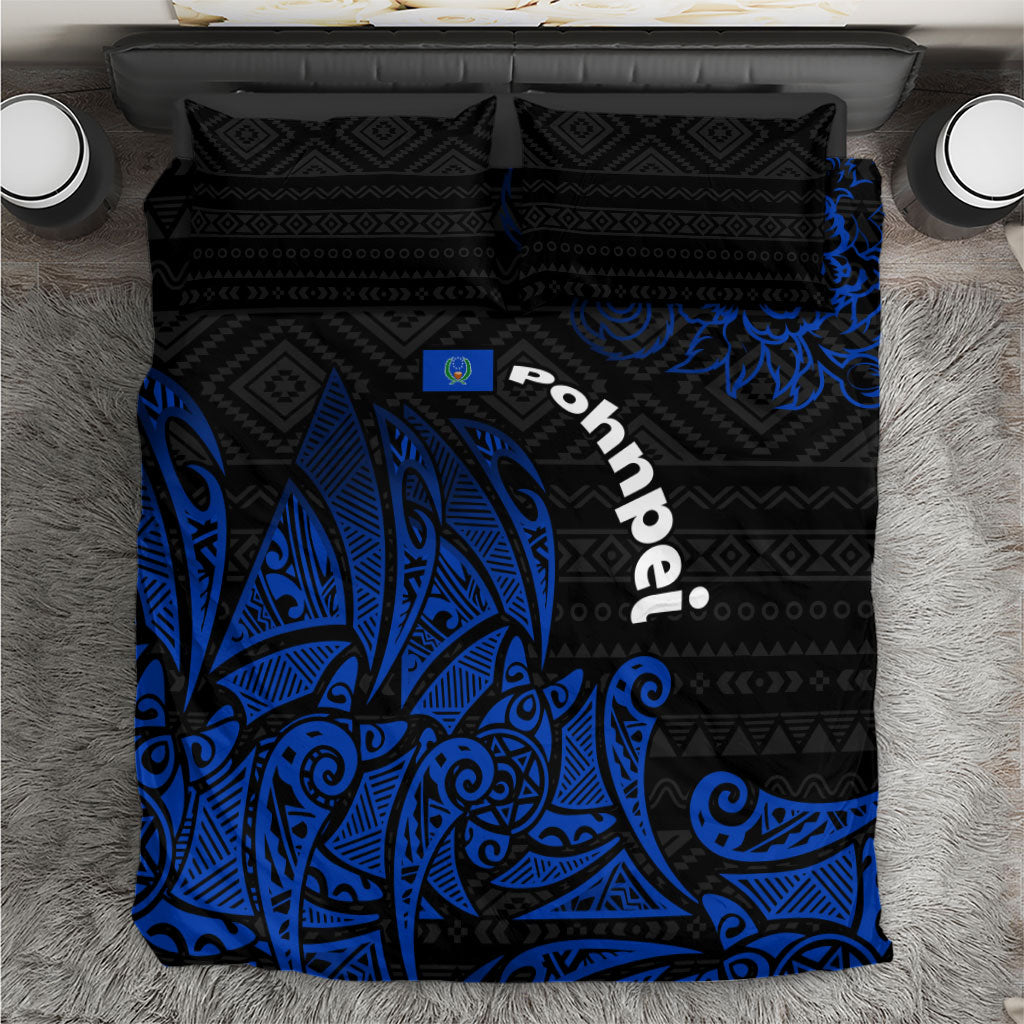 Pohnpei Federated States Of Micronesia Bedding Set Polynesian Tribal Heritage Art With Blue Island Tattoo Patterns TS04 Black Blue - Polynesian Pride