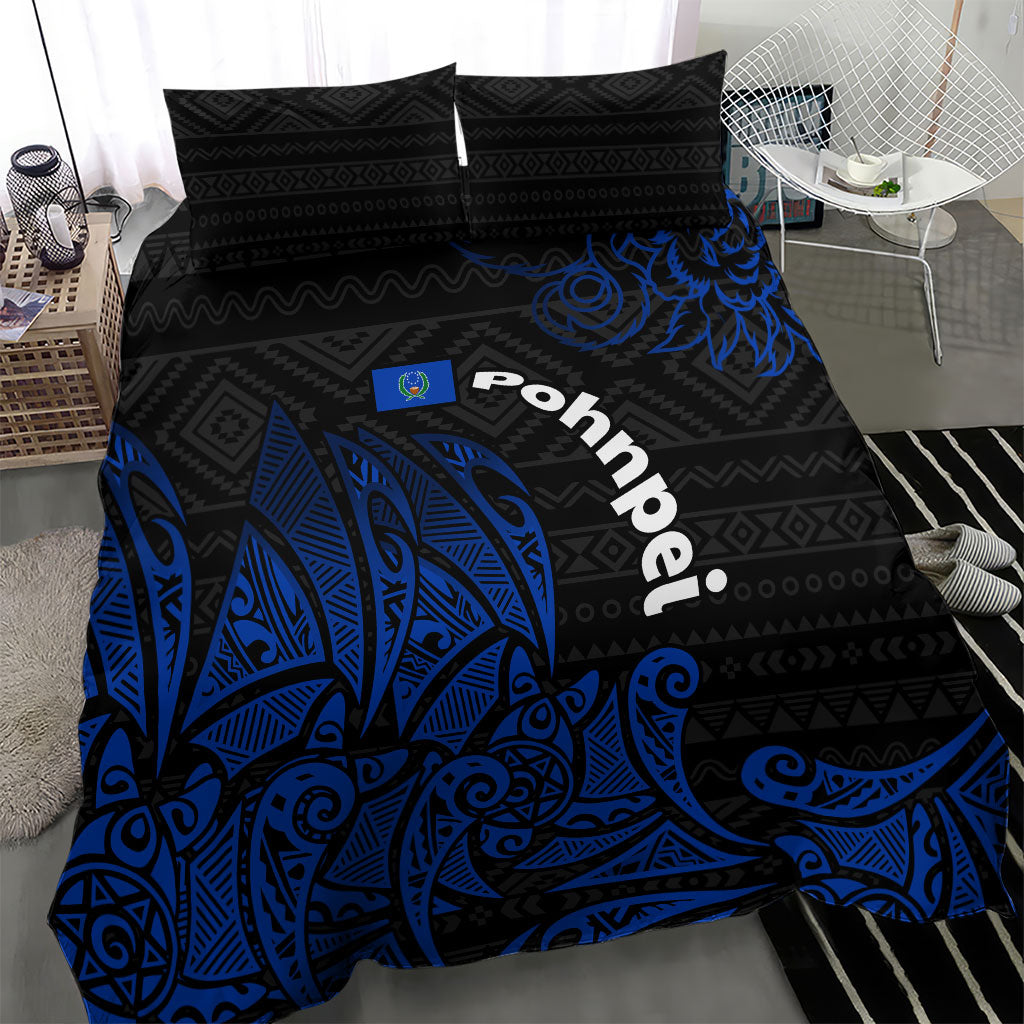 Pohnpei Federated States Of Micronesia Bedding Set Polynesian Tribal Heritage Art With Blue Island Tattoo Patterns
