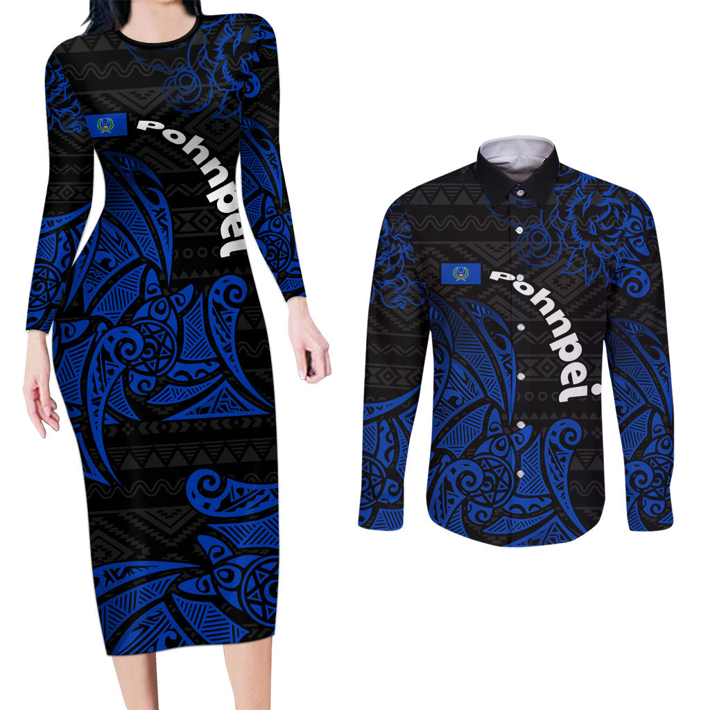 Pohnpei Federated States Of Micronesia Couples Matching Long Sleeve Bodycon Dress and Long Sleeve Button Shirt Polynesian Tribal Heritage Art With Blue Island Tattoo Patterns