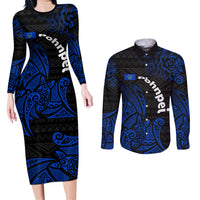 Pohnpei Federated States Of Micronesia Couples Matching Long Sleeve Bodycon Dress and Long Sleeve Button Shirt Polynesian Tribal Heritage Art With Blue Island Tattoo Patterns