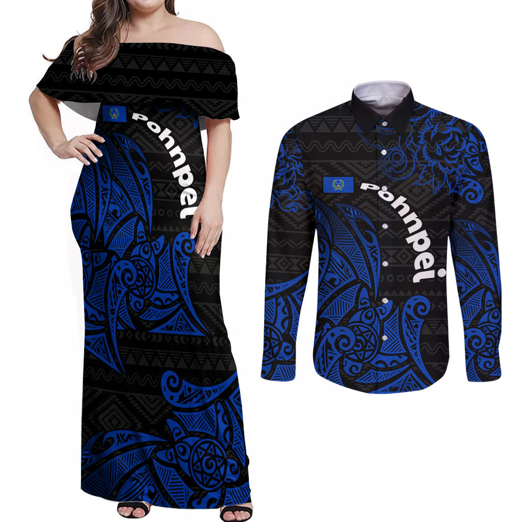 Pohnpei Federated States Of Micronesia Couples Matching Off Shoulder Maxi Dress and Long Sleeve Button Shirt Polynesian Tribal Heritage Art With Blue Island Tattoo Patterns