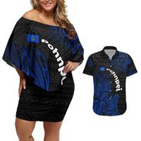 Pohnpei Federated States Of Micronesia Couples Matching Off Shoulder Short Dress and Hawaiian Shirt Polynesian Tribal Heritage Art With Blue Island Tattoo Patterns