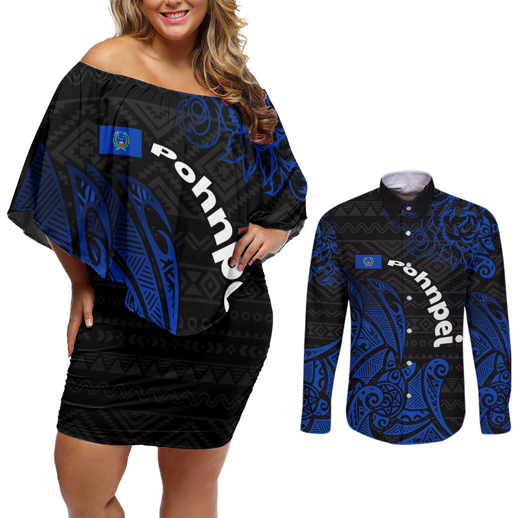 Pohnpei Federated States Of Micronesia Couples Matching Off Shoulder Short Dress and Long Sleeve Button Shirt Polynesian Tribal Heritage Art With Blue Island Tattoo Patterns TS04 Black Blue - Polynesian Pride