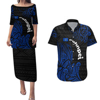 Pohnpei Federated States Of Micronesia Couples Matching Puletasi and Hawaiian Shirt Polynesian Tribal Heritage Art With Blue Island Tattoo Patterns