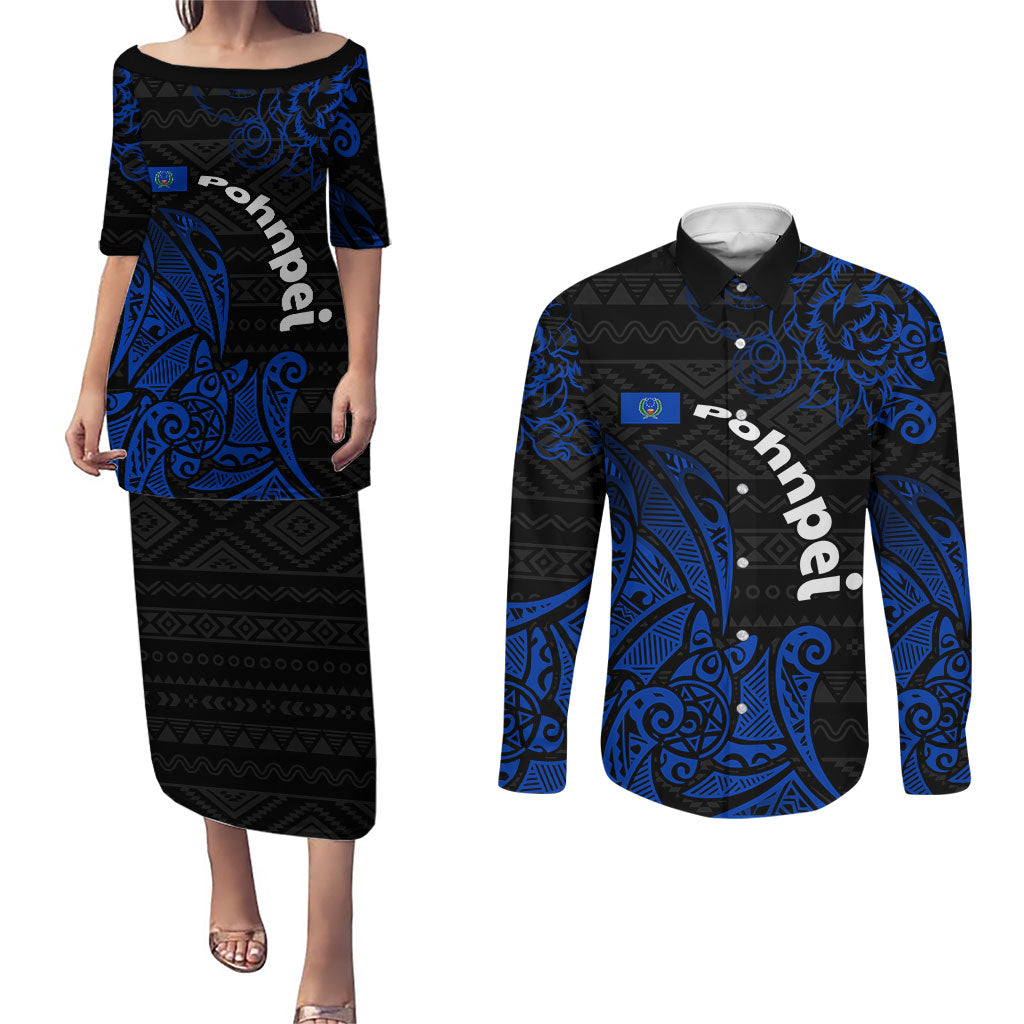 Pohnpei Federated States Of Micronesia Couples Matching Puletasi and Long Sleeve Button Shirt Polynesian Tribal Heritage Art With Blue Island Tattoo Patterns
