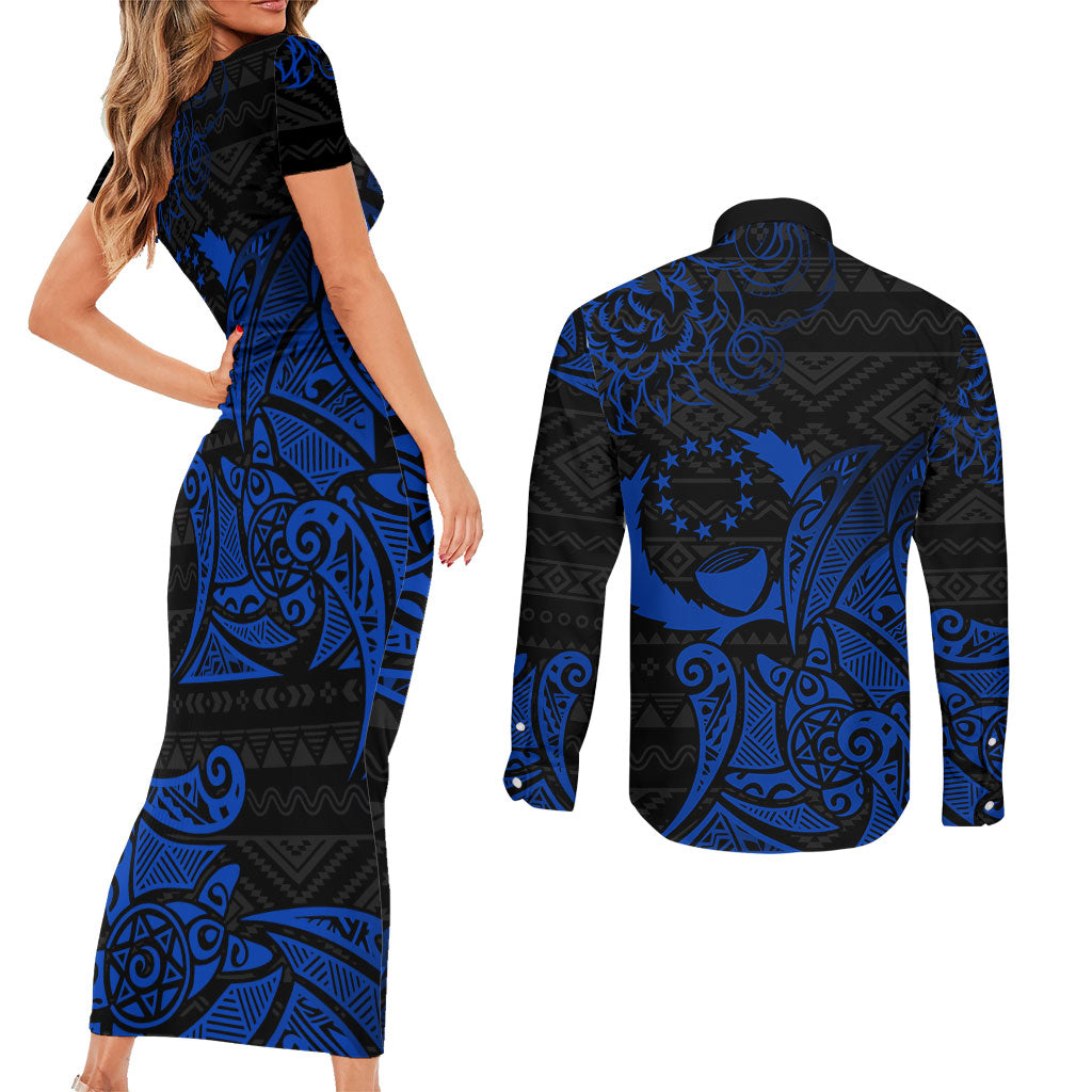 Pohnpei Federated States Of Micronesia Couples Matching Short Sleeve Bodycon Dress and Long Sleeve Button Shirt Polynesian Tribal Heritage Art With Blue Island Tattoo Patterns