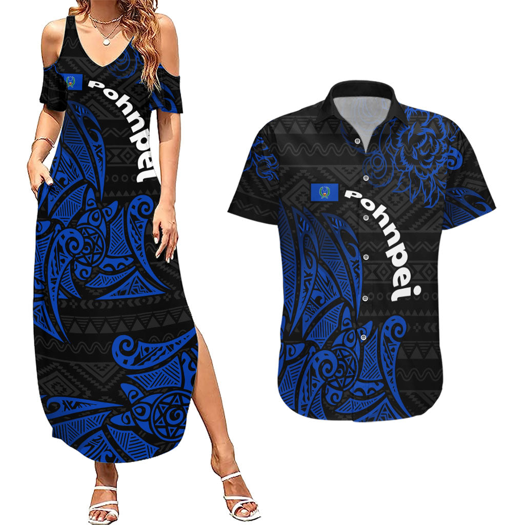Pohnpei Federated States Of Micronesia Couples Matching Summer Maxi Dress and Hawaiian Shirt Polynesian Tribal Heritage Art With Blue Island Tattoo Patterns