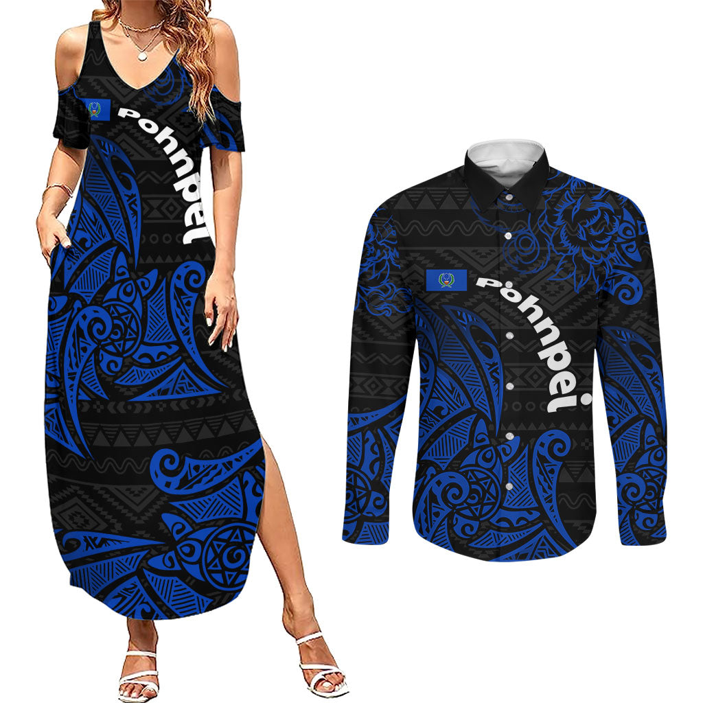 Pohnpei Federated States Of Micronesia Couples Matching Summer Maxi Dress and Long Sleeve Button Shirt Polynesian Tribal Heritage Art With Blue Island Tattoo Patterns TS04 Black Blue - Polynesian Pride