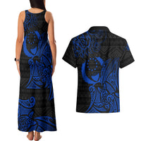 Pohnpei Federated States Of Micronesia Couples Matching Tank Maxi Dress and Hawaiian Shirt Polynesian Tribal Heritage Art With Blue Island Tattoo Patterns