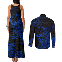 Pohnpei Federated States Of Micronesia Couples Matching Tank Maxi Dress and Long Sleeve Button Shirt Polynesian Tribal Heritage Art With Blue Island Tattoo Patterns