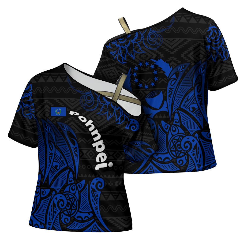 Pohnpei Federated States Of Micronesia Cross Shoulder Shirt Polynesian Tribal Heritage Art With Blue Island Tattoo Patterns
