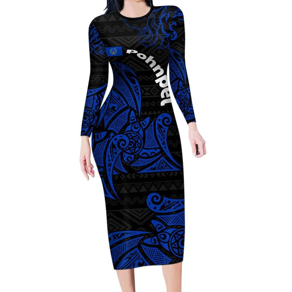 Pohnpei Federated States Of Micronesia Family Matching Long Sleeve Bodycon Dress and Hawaiian Shirt Polynesian Tribal Heritage Art With Blue Island Tattoo Patterns