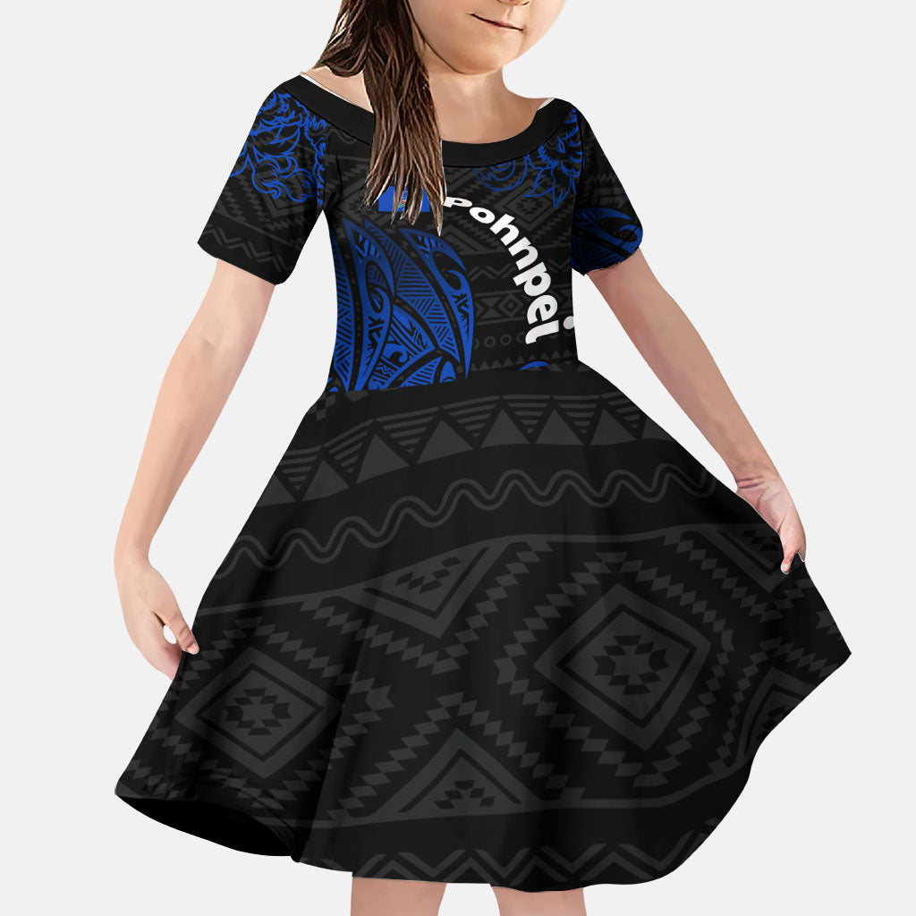 Pohnpei Federated States Of Micronesia Family Matching Off Shoulder Maxi Dress and Hawaiian Shirt Polynesian Tribal Heritage Art With Blue Island Tattoo Patterns
