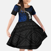 Pohnpei Federated States Of Micronesia Family Matching Short Sleeve Bodycon Dress and Hawaiian Shirt Polynesian Tribal Heritage Art With Blue Island Tattoo Patterns
