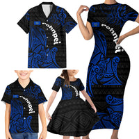 Pohnpei Federated States Of Micronesia Family Matching Short Sleeve Bodycon Dress and Hawaiian Shirt Polynesian Tribal Heritage Art With Blue Island Tattoo Patterns