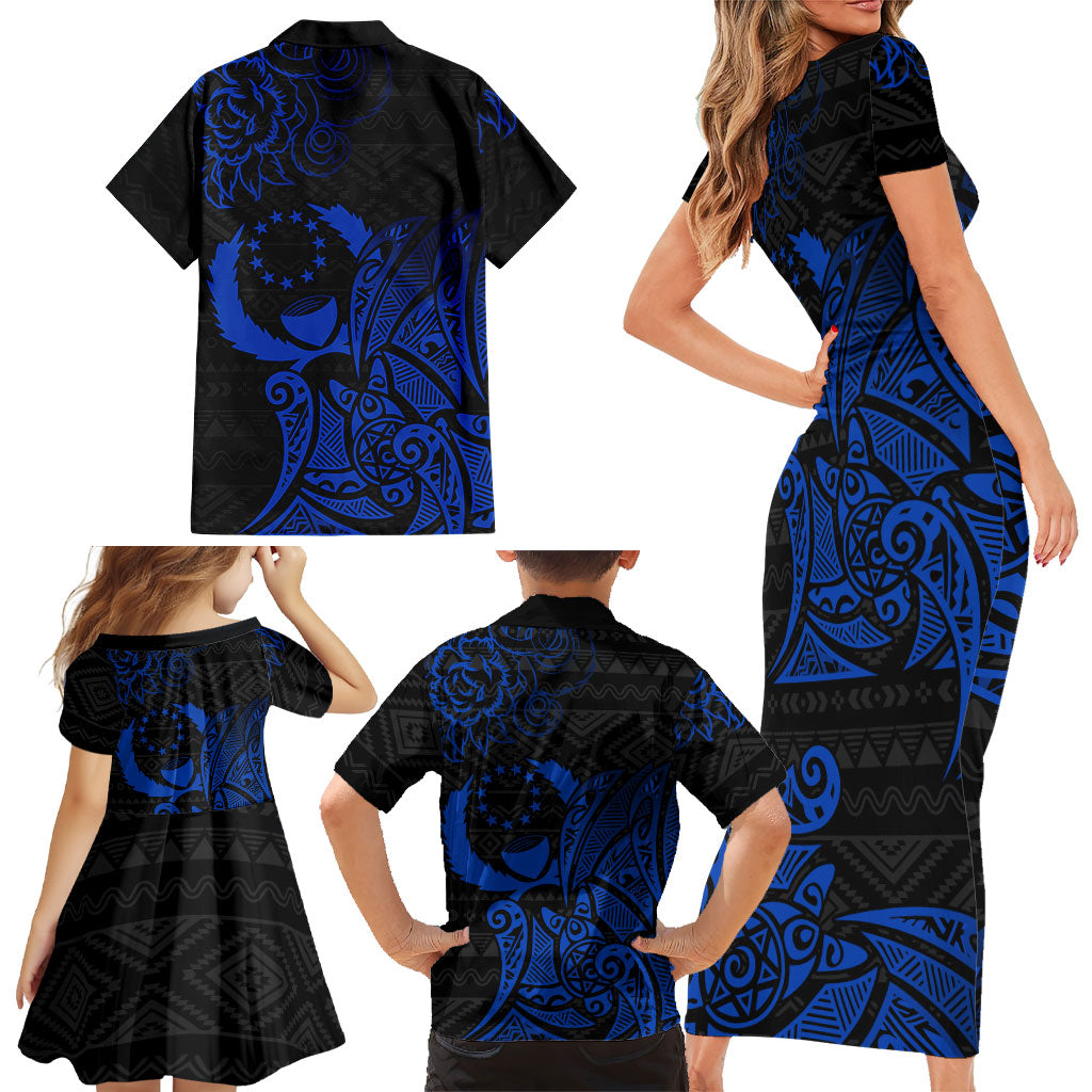 Pohnpei Federated States Of Micronesia Family Matching Short Sleeve Bodycon Dress and Hawaiian Shirt Polynesian Tribal Heritage Art With Blue Island Tattoo Patterns