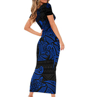 Pohnpei Federated States Of Micronesia Family Matching Short Sleeve Bodycon Dress and Hawaiian Shirt Polynesian Tribal Heritage Art With Blue Island Tattoo Patterns
