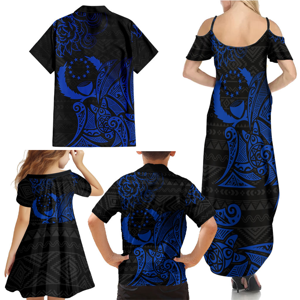Pohnpei Federated States Of Micronesia Family Matching Summer Maxi Dress and Hawaiian Shirt Polynesian Tribal Heritage Art With Blue Island Tattoo Patterns