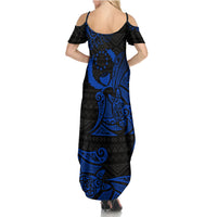 Pohnpei Federated States Of Micronesia Family Matching Summer Maxi Dress and Hawaiian Shirt Polynesian Tribal Heritage Art With Blue Island Tattoo Patterns