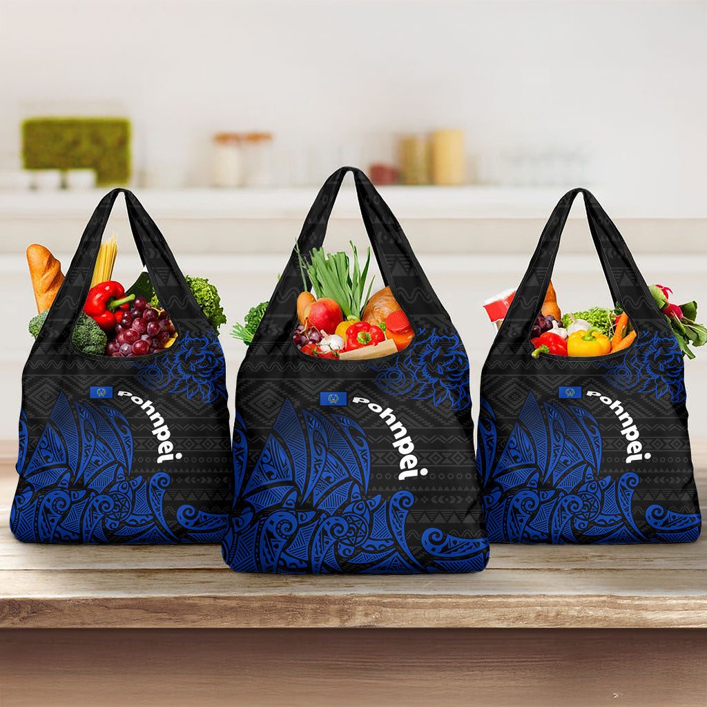 Pohnpei Federated States Of Micronesia Grocery Bag Polynesian Tribal Heritage Art With Blue Island Tattoo Patterns