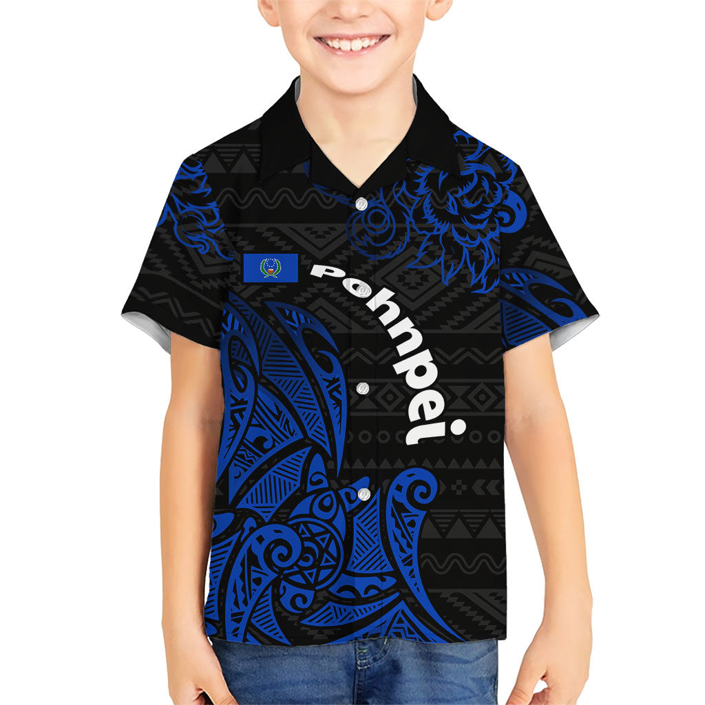 Pohnpei Federated States Of Micronesia Kid Hawaiian Shirt Polynesian Tribal Heritage Art With Blue Island Tattoo Patterns
