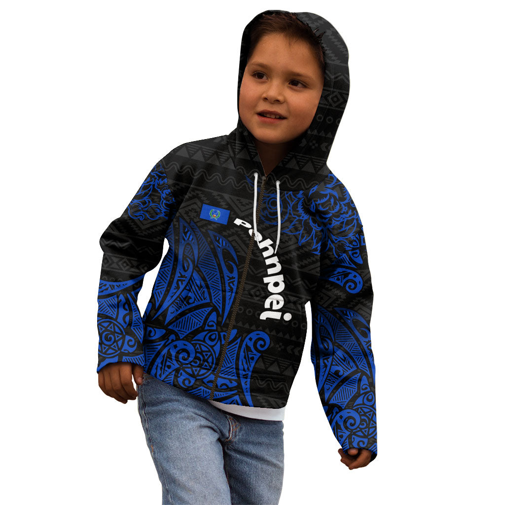 Pohnpei Federated States Of Micronesia Kid Hoodie Polynesian Tribal Heritage Art With Blue Island Tattoo Patterns