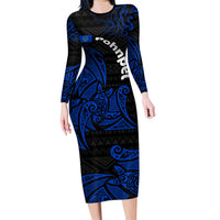 Pohnpei Federated States Of Micronesia Long Sleeve Bodycon Dress Polynesian Tribal Heritage Art With Blue Island Tattoo Patterns