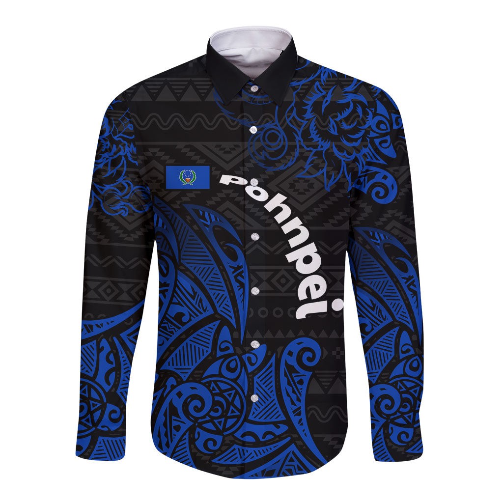 Pohnpei Federated States Of Micronesia Long Sleeve Button Shirt Polynesian Tribal Heritage Art With Blue Island Tattoo Patterns TS04 Unisex Black Blue - Polynesian Pride